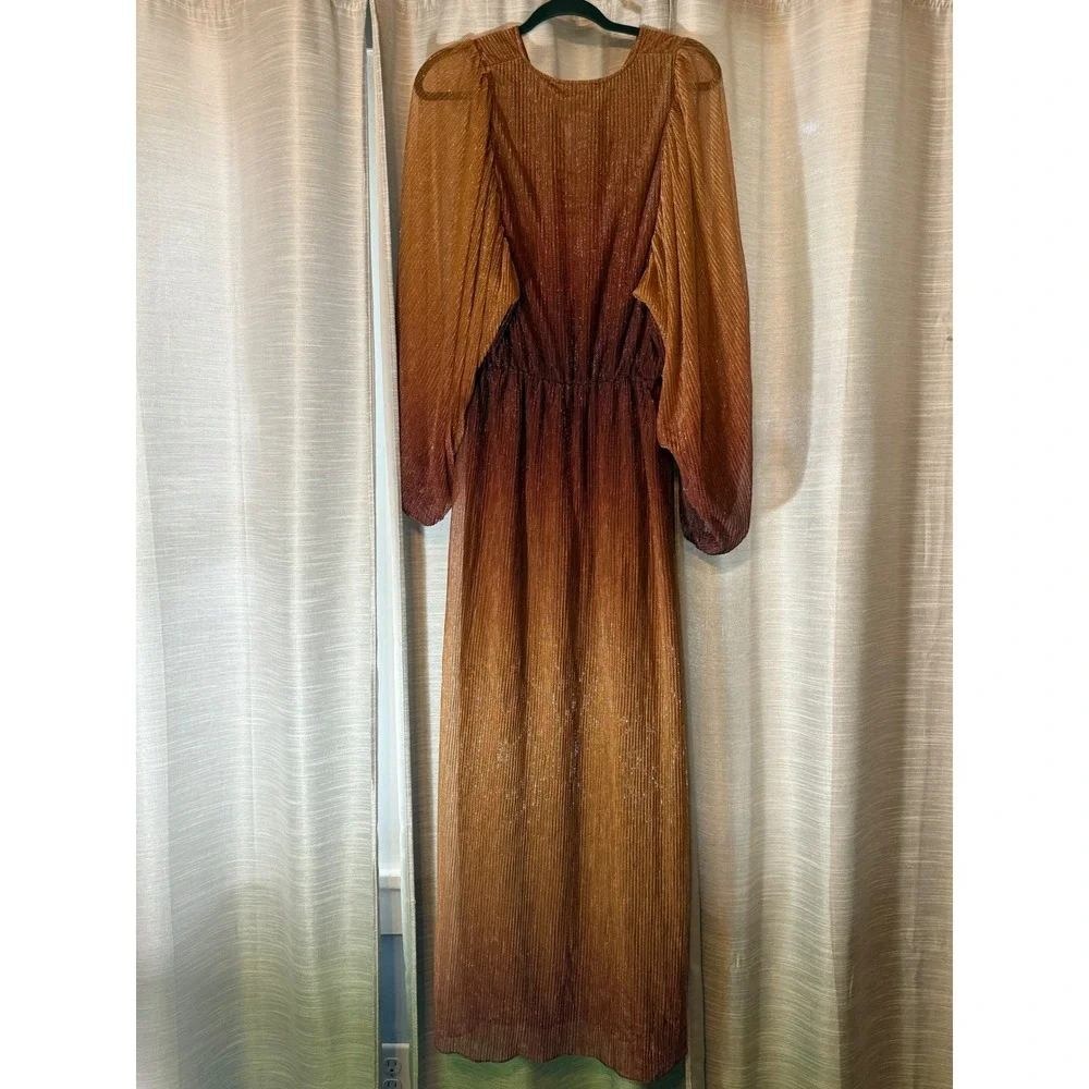 InWear Gizela Dress Pleated Plisse Ombre Maxi Gold Cayenne Orange V-Neck Sz 10